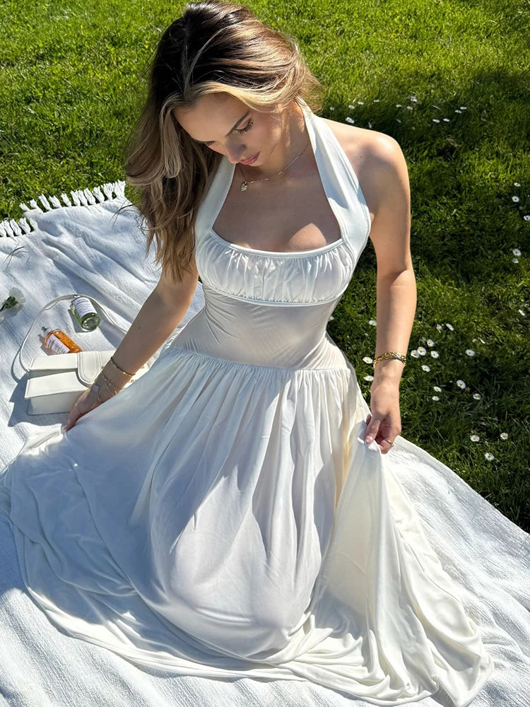 Hnewly   Mesh Patchwork Maxi Dress Women Halter Backless Sleeveless Vacation Fashion Camping Ruched Elegant Classic Vestidos