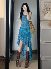 Hnewly  Summer Vacation Floral Print Off-Shoulder A-Line Dress Women's Irregular Hemline Slimming Long Dress Korean Style Casual Wear