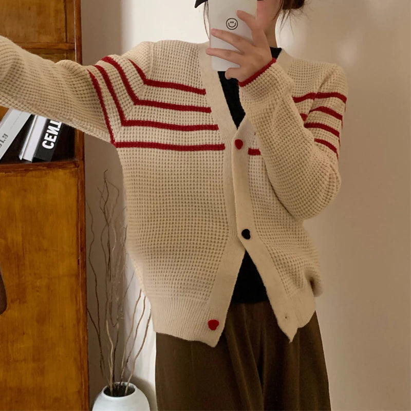 Hnewly  Striped Knit Cardigan Sweater with Heart-shape Button Front V-Neck Sweater Jacket Female Autumn Winter French Chic Cute Outfit