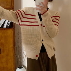 Hnewly  Striped Knit Cardigan Sweater with Heart-shape Button Front V-Neck Sweater Jacket Female Autumn Winter French Chic Cute Outfit