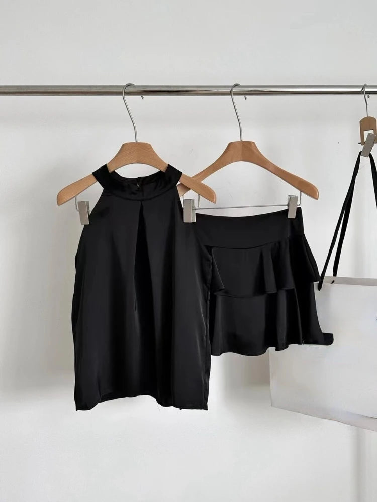 Hnewly Two Piece Set Women Y2k Crop Tank Tops Loose Solid Fashion Camis Sleeveless Blouse High Waist Skirts Elegant Suits Ladies Korean