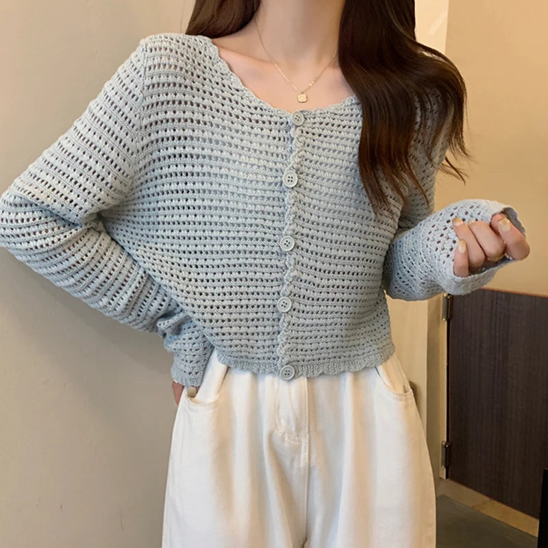 Hnewly  Women Button Up Short Cardigan Knitted Shirt Hollow Out Crochet Crop Top Long Sleeved Thin Cover Up Teen-girl Casual Outfit