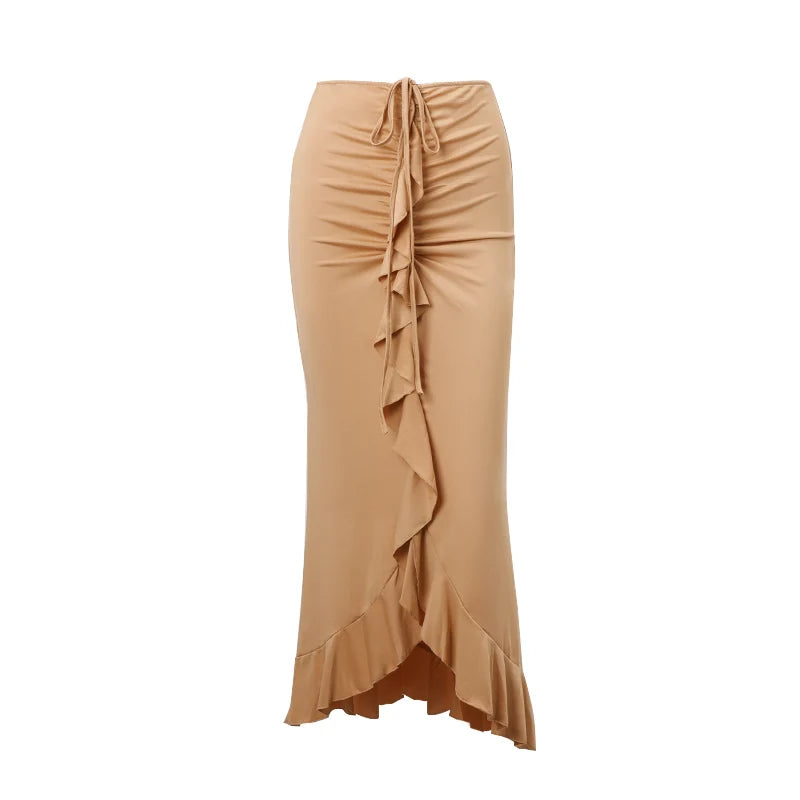 Hnewly Women Solid Ruffles Skinny Skirt Sexy Ruched Bandage High-waist Street Skirts Summer Elegant Office Casual Short Dress