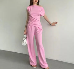 Hnewly  Women's Elegant Satin Two Pieces Set One Shoulder Detail and High Waist Straigh Pants  Solid Color Set