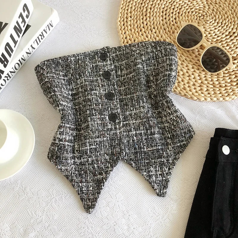 Hnewly  Retro Tweed Vest Elegant Off Shoulder Strapless Slim Irregular Short Top Women's Spring Summer Single Breasted Sleeveless Tank