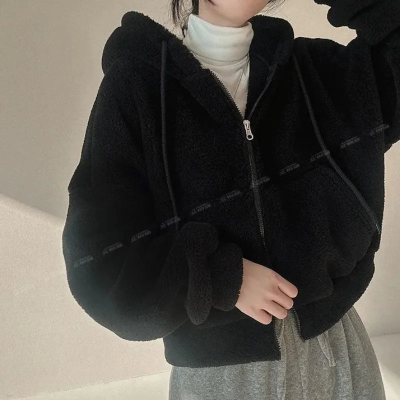 Hnewly Hooded Hoodies Women Winter Thicker Coats Solid Korean Style Zipper Lambswool Jackets Soft Streetwear Loose Harajuku Chic Girl