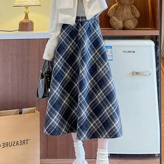 Hnewly  Autumn Winter Vintage Plaid Mid Skirt Women Koeran A-Line Elastic Waist Skirts Woman Comfortable High Waist Skirt Mujer