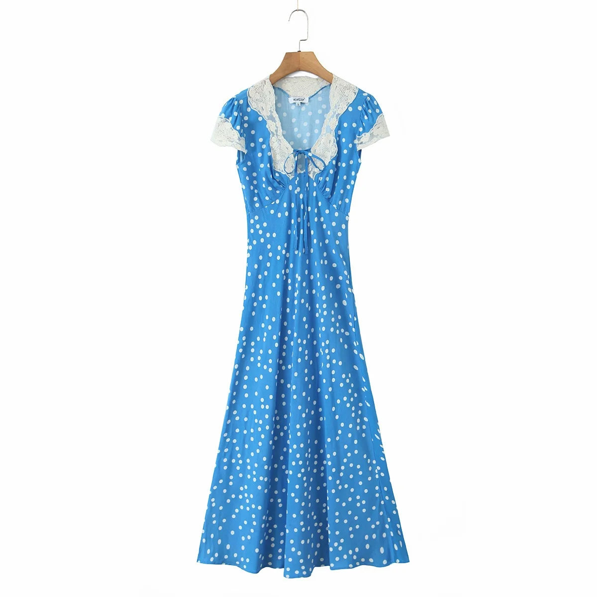 Hnewly  Women Retro French Style Blue Polka Dot Spliced Lace Bow V neck Short Sleeve Dress Summer Maxi Long Dresses Robe Femme Vestidos