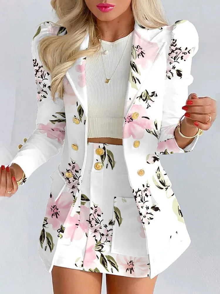 Hnewly Spring Autumn New Printed Suit Set Short Skirt Women's Temperament Slim Tops Coat + Half Mini Skirt Female Office Suit Sets Kirt