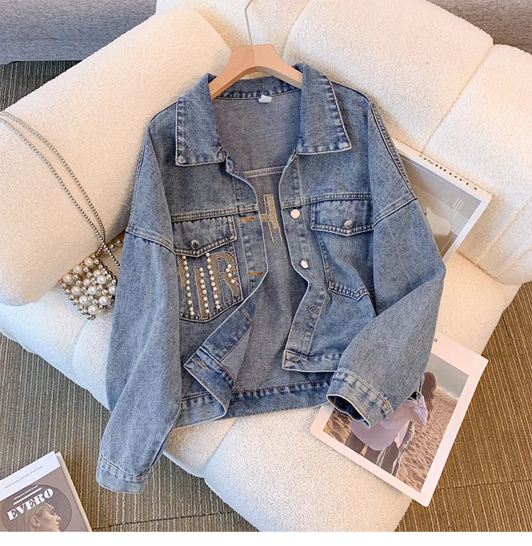 Hnewly  Nail Bead Denim Jacket For Women's Spring Autumn 2025 New Style Loose Versatile Long Sleeved  Turndown Collar Coat Top