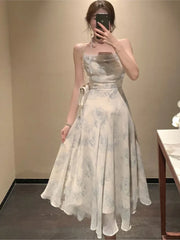 Hnewly  Summer Party Midi Elegant Dress Women Strap Sexy Design High Wasit Vintage Casual Dress Sleeveless Chiffon Sweet Dress
