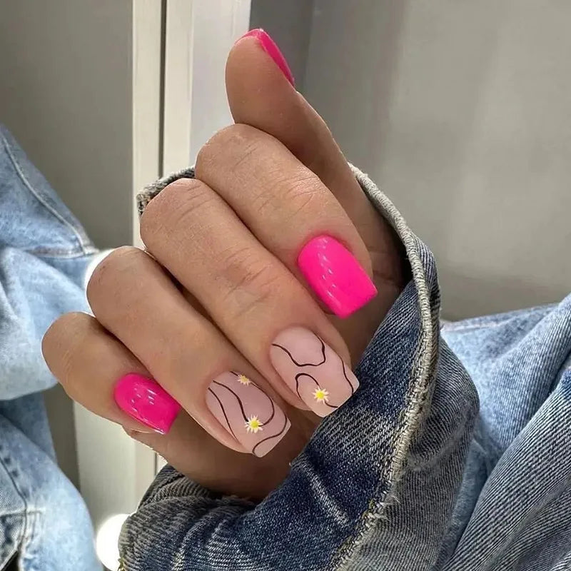 Hnewly 24Pcs Press On Nails Simple French Colorful Wavy Abstract Line Fake Nails Full Cover Nail Art Tips Coffin Square Head False Nail