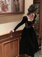 Hnewly Winter One Piece Dress Korean Ladies Black Fashion Elegant Velvet Dress Female Vintage Long Sleeve Evening Party Midi Dress