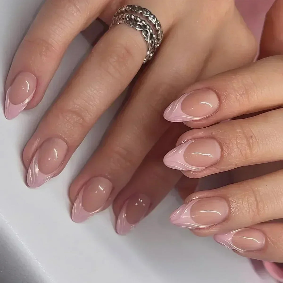 Hnewly 24Pcs White Almond False Nails Ballet with French Design Wearable Fake Nails Gradient Simple Full Cover Press on Nail Tips Art