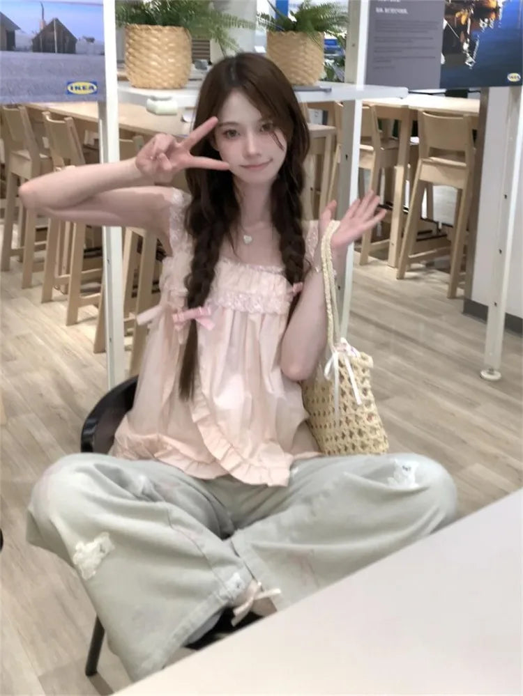 Hnewly  Sweet Pink Lace Patchwork Camisole Vest Y2k Loose Sleeveless Top for Women 2025 Summer New All-match Casual Tank Top