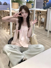 Hnewly  Sweet Pink Lace Patchwork Camisole Vest Y2k Loose Sleeveless Top for Women 2025 Summer New All-match Casual Tank Top