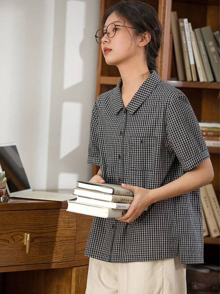 Hnewly Japan Plaid Shirt Women Vintage Causal Short Sleeve Simple Blouse Preppy Style Retro Loose Female Summer Cute All Match Top
