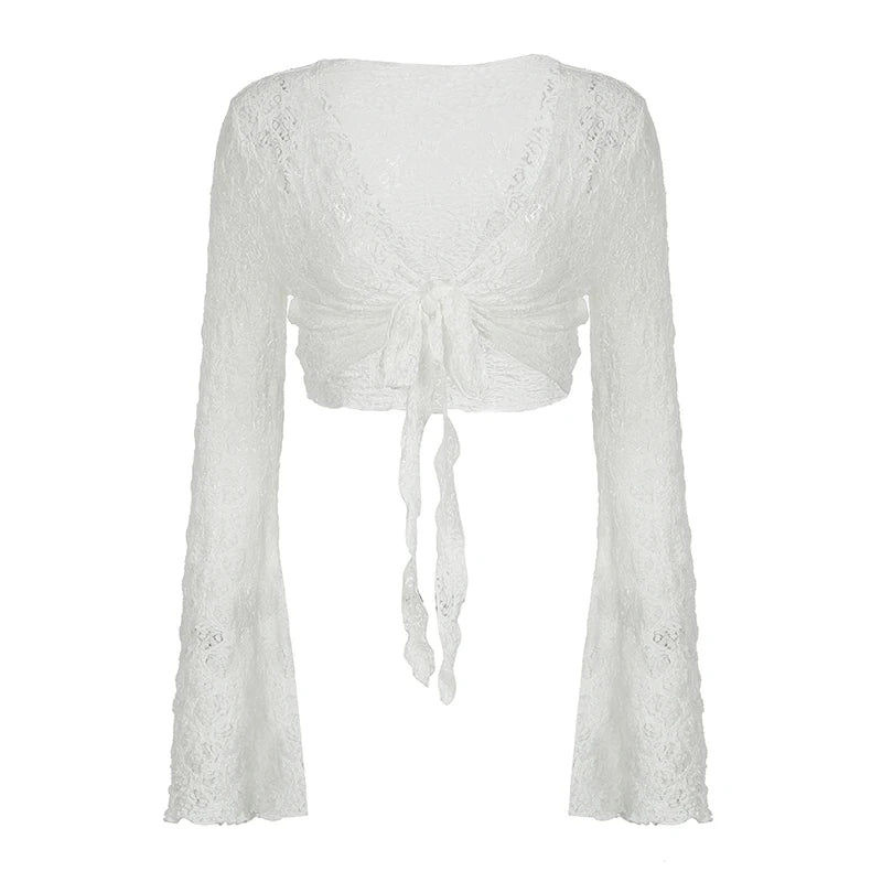 Hnewly Streetwear y2k Lace Smock T-shirt Solid White Flared Full Sleeve Bandage Cardigan Crop Top Women Vintage 2000s Tees Shirt