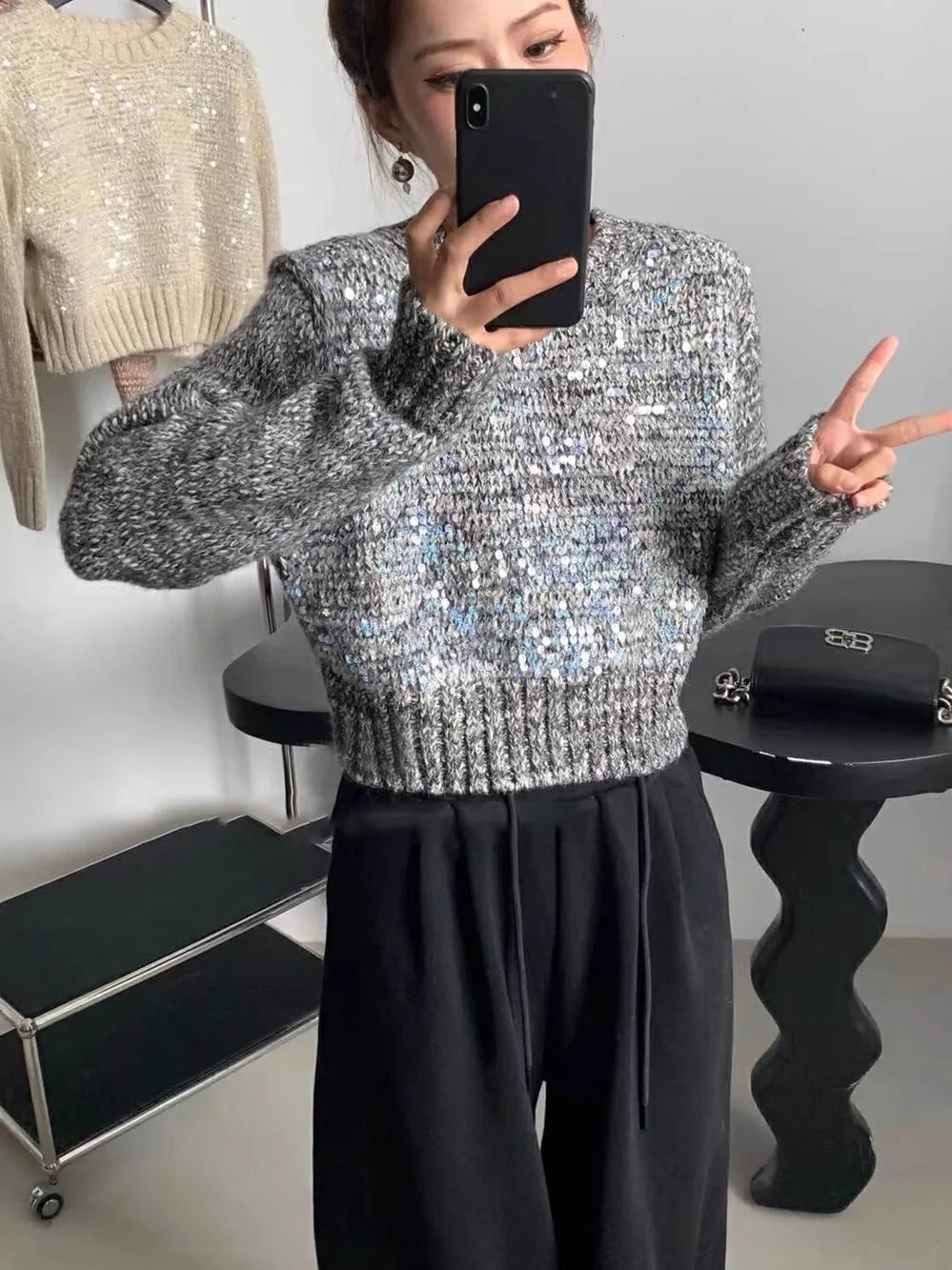 Hnewly  Fashion Sequin Short Sweater for Women's Spring Autumn New Soft Knitted Top Pullover Casual Round Neck Loose All-matched Top