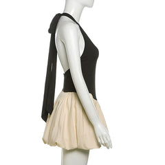 Hnewly  Bow Tie Patchwork Mini Bubble Dress Sweet Contrasting Color Off Shoulder Backelsss Elegant Short Sundress Hottie Streetwear