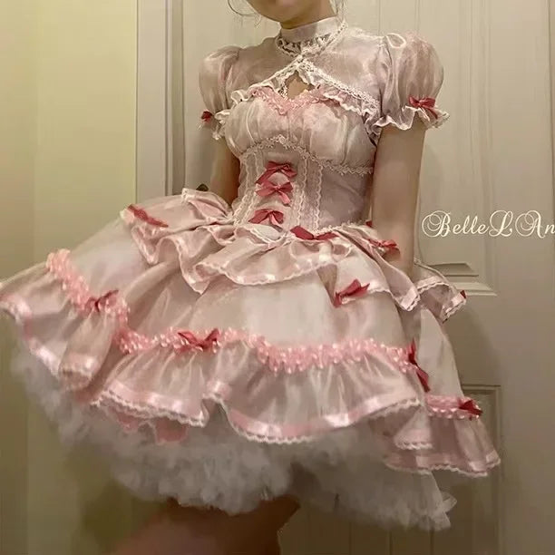 Hnewly DRESS TO IMPRESS Sweet Girls Lolita Jsk Dress Women Vintage Y2k Bow Ruffle Flyling Sleeve Party Princess Dresses Japanese Fairy Ballet Mini Dress