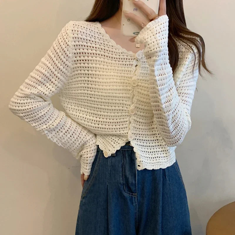 Hnewly  Women Button Up Short Cardigan Knitted Shirt Hollow Out Crochet Crop Top Long Sleeved Thin Cover Up Teen-girl Casual Outfit