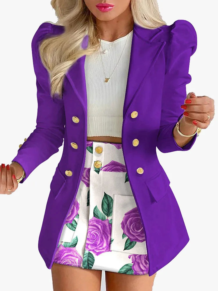 Hnewly Spring Autumn New Printed Suit Set Short Skirt Women's Temperament Slim Tops Coat + Half Mini Skirt Female Office Suit Sets Kirt