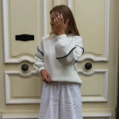 Hnewly  Fashion Striped Contrast Sweatshirt Women Loose Patchwork O-neck Lantern Sleeve Female Pullovers Spring Lady Casual Tops