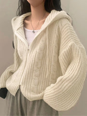Hnewly  Chic Autumn Winter Lazy Sle Loose Twist Double Zipper Hooded Long Sve Knitted Open Cardigan Sweater Women's Faion