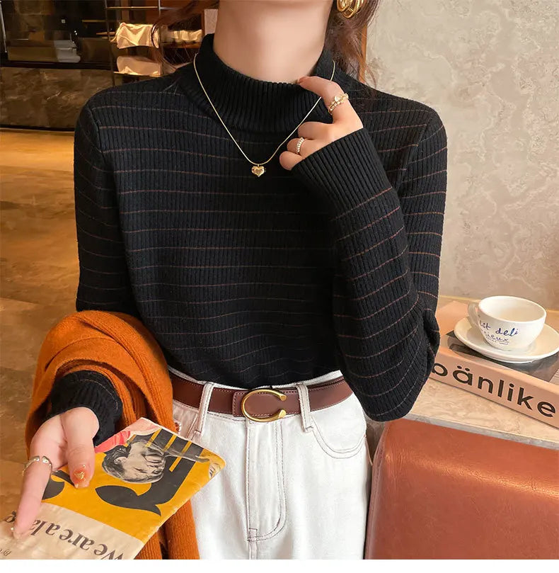 Hnewly  Half High Collar Striped Sweater Velvet Bottoming Shirts for Women's Autumn Winter Thicked Warm Pullover Slim Knitting Top