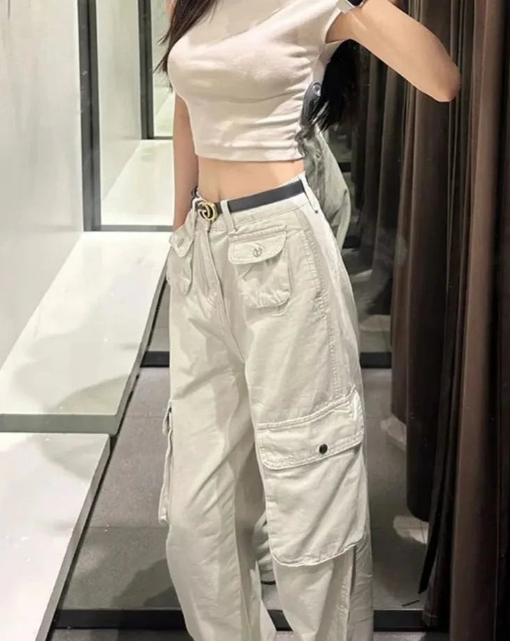 Hnewly Fashion Pantalon New Bottoms Streetwear Y2k Cargo Pants High Waist Straight Pockets Casual Trousers Women Clothing