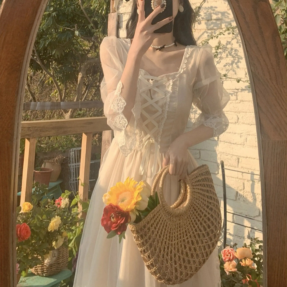 Hnewly  Spring Summer New French Style Women Dress 3/4 Sleeve Fairy Casual Long Dress Square Collar Patchwork Lace Party Dress