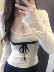 Hnewly  Korean Style Sexy T-Shirts Women Sweet Coquette Two Piece Sets Long Sleeve Tops Fashion Aesthetics Patchwork T-Shirts