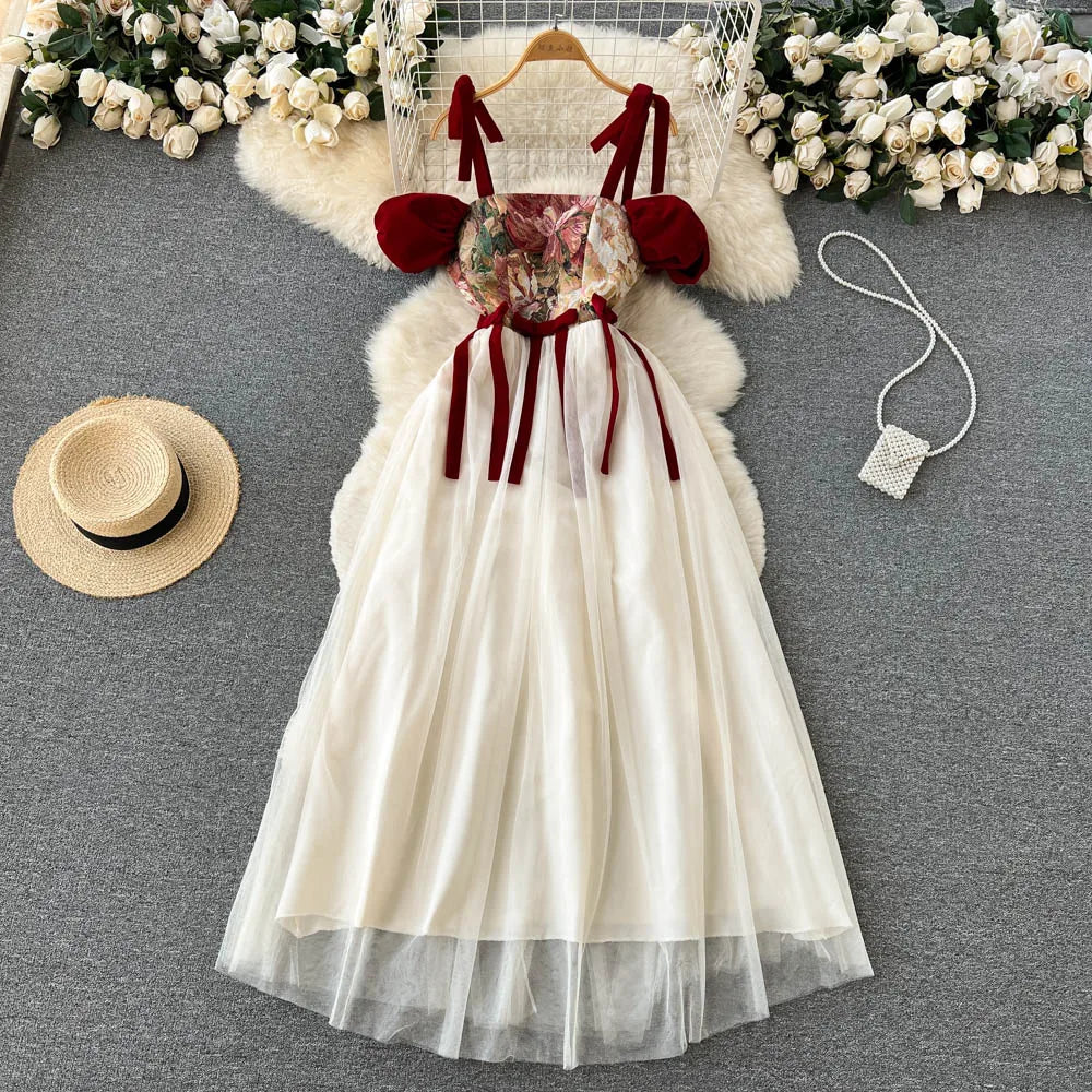 Hnewly France Vintage Bow Mesh Wedding Runway Party Dresses Women Summer Fashion Elegant Strap Graduation Evening Vestidos Ladies Robe