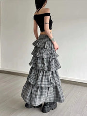 Hnewly  Vintage Plaid Skirt Women Preppy Style Sweet Ruffle Cake Long Skirt Harajuku Fashion Patchwork Layered Skirts Street