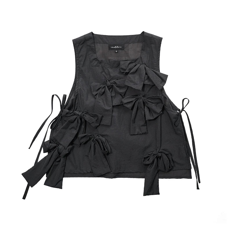 Hnewly  Summer New Artistic Black Bow Hoodie Square Neck Tank Top for Women 244691