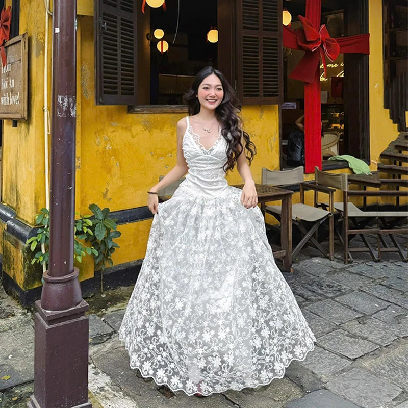 Hnewly Elegant Women Backless Party Dress Sexy Sling V Neck Mesh Long Dresses Spring Summer New Ladies White Wedding Vestidos