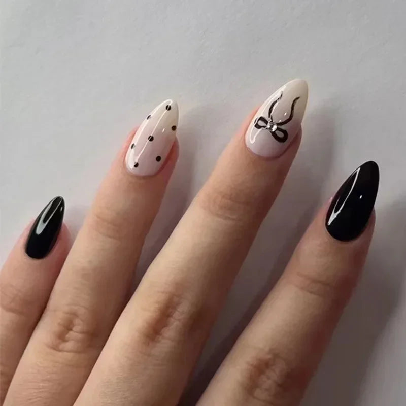 Hnewly 24Pcs Cat Eye Press on Nails with Almond Head Bow Diamond Stick on False Nail Sweet Pink French Full Cover Artificial Nails Tips