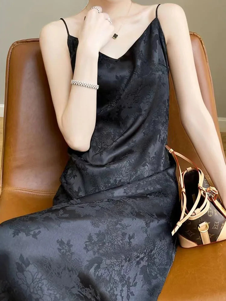 Hnewly Satin Jacquard Slip Dress for Women Summer Sexy Hollow Out Sleeveless Midi Dress Y2K Korean Elegant Beach Party Vestidos New