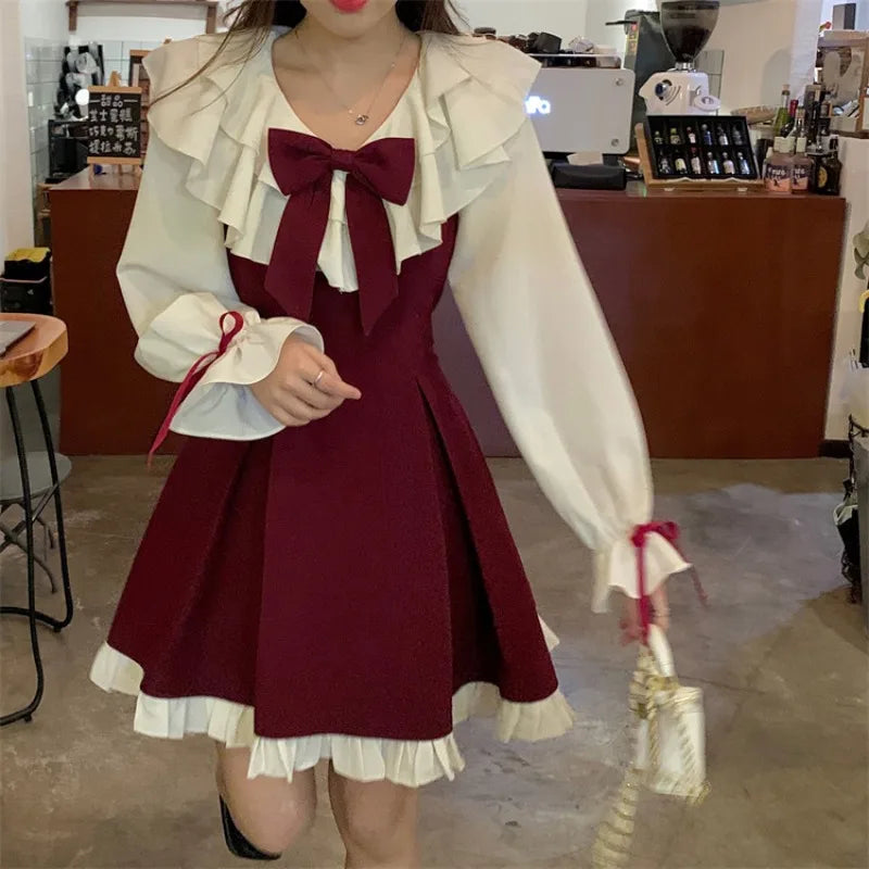 Hnewly Long Sleeve A-line Dress Women Princess Ruffles Bow Contrast Color Age-reducing Autumn Elegant Girlish Attractive Korean Style