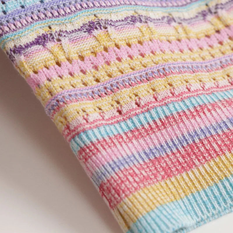 Hnewly Rainbow Striped Knitted Sweater For Women's 2025 Summer New  Thin Short Sleeved V-neck Hollow Out Holiday Sun Protection Top