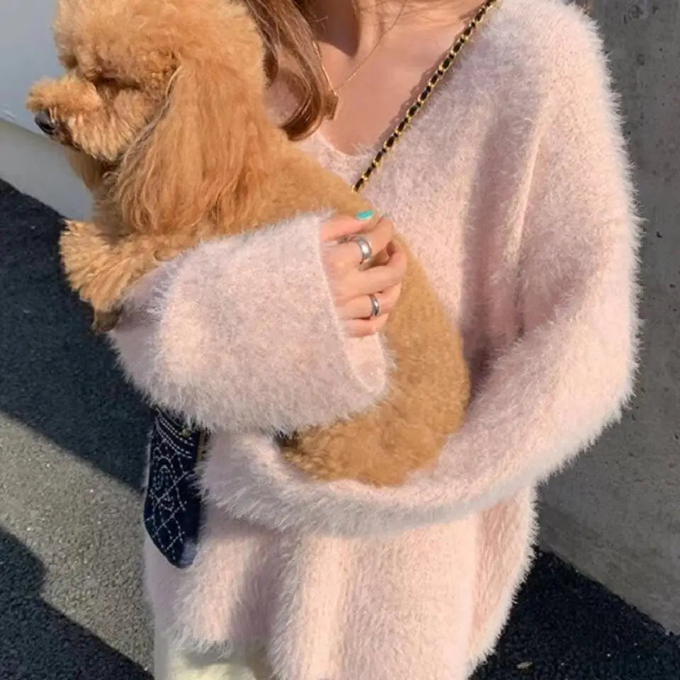 Hnewly  Fuzzy Mohair Knit Sweater Pullover Women Cozy Long Sleeve V-Neck Plain Jumper Soft Knitwear Teen-girl Fall Winter Casual Outfit