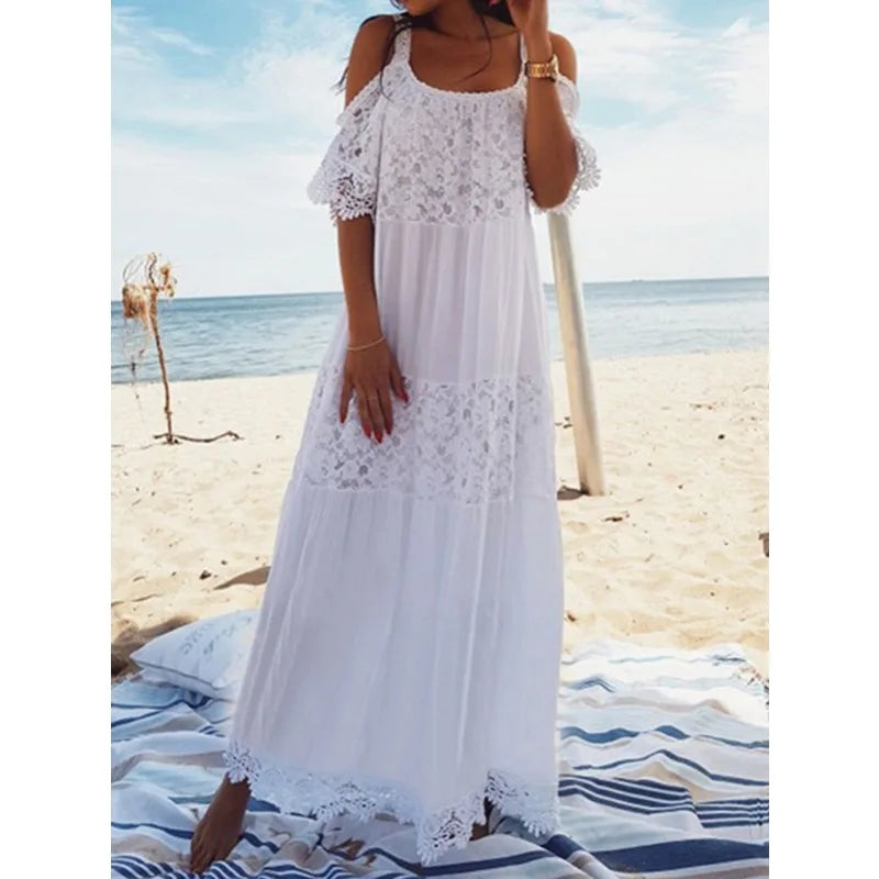 Hnewly  Women's White Lace Summer Dresses Fashion Vacation Solid A-line Loose Fit Cold Shoulder Sling Beach Dress