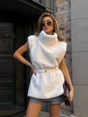 Hnewly  Street Faux Fur Shawl Women Fashion Turtleneck Sleeveless Crop Female Coat Autumn Winter Casual Loose Irregular Lady Coats