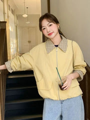 Hnewly  Sweet Cargo Jacket Women Loose Preppy Style Plaid Patchwork Short Coat Casual Korean Fashion Long Sleeve Fall Winter Tops