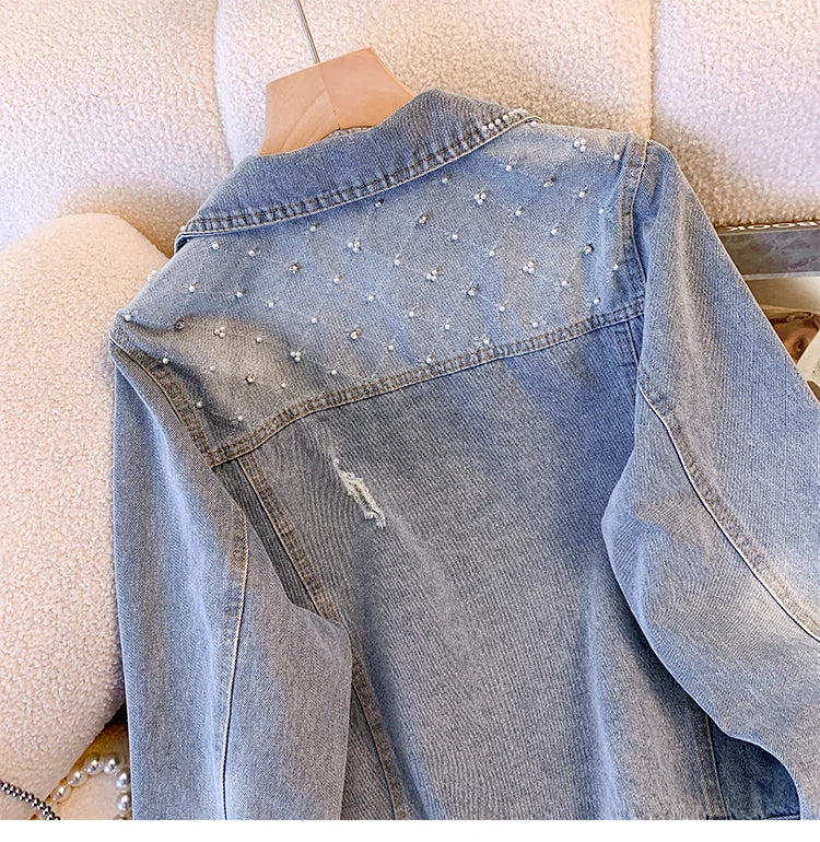 Hnewly  Women Denim Jacket Spring Autumn 2025 New Popular Sweet Luxury Beaded Short Top Loose Long Sleeve Lapel Single Breasted  Coat
