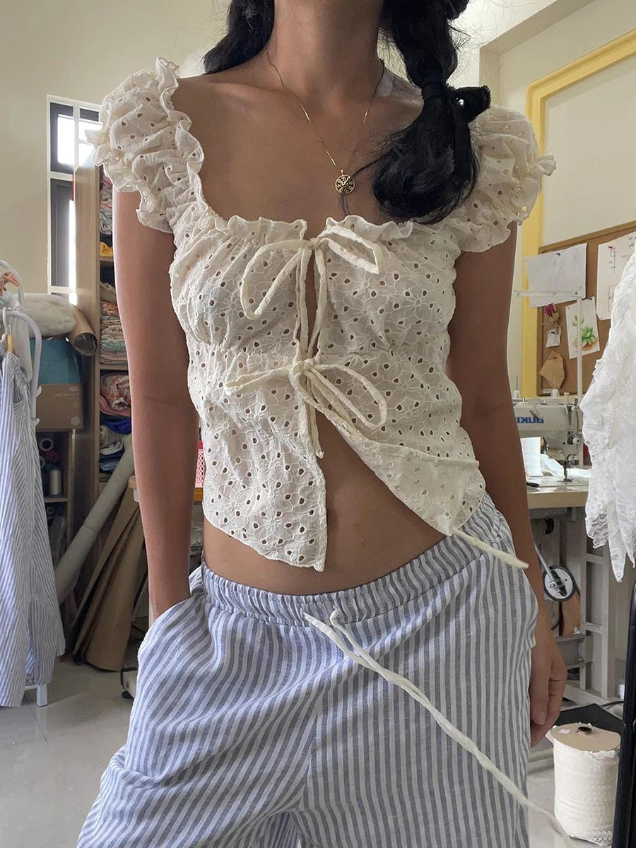 Hnewly y2k Tank Top Women Coquette Clothes Ruffle Trim Hollow Out Square Neck Sleeveless Tie Up T Shirt 2000s Vest Streetwear