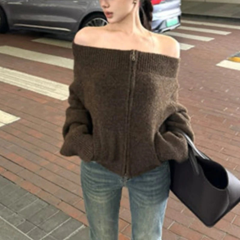 Hnewly  Women's Off-the-Shoulder Sweater Cardigan Zip Up Knitted Off Shoulder Sweater Jacket Teen-girl Fall Winter Y2K Outfit