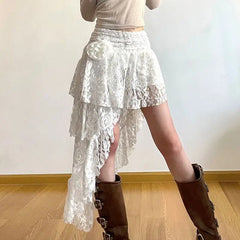 Hnewly Vintage Boho Lace Skirt Women White Asymmetrical Skirts Elegant Fairycore Korean Fashion Tull Irregular Short Mid Skirt
