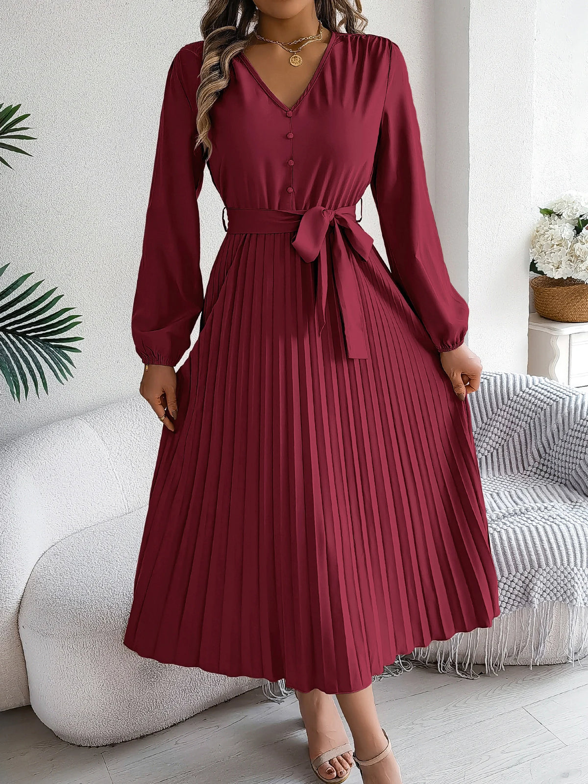 Hnewly  Autumn Winter Elegant V-Neck Button Belt Long Sleeved Solid Color Pleated Long Dress For Women Dresses